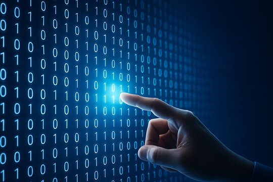 Human finger touching a glowing digit on a screen of binary code, representing programming, big data, cybersecurity, and information technology in the digital age.