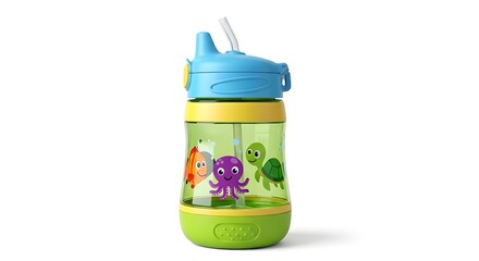 A colorful sippy cup with a straw, featuring cartoon sea creatures like an octopus, fish, and turtle.