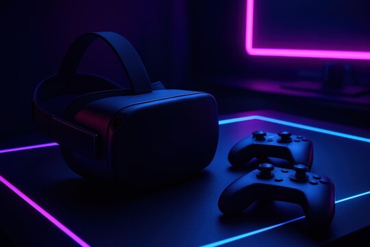 Gaming setup featuring virtual reality headset and controllers illuminated by vibrant neon lights in a dimly lit room