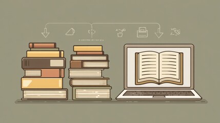 Fototapeta premium Stacked books sit beside a laptop displaying an open book, highlighting the contrast between traditional and modern educational resources in a study setting.