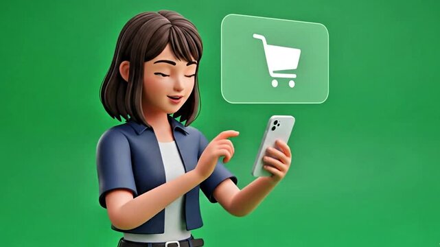 Video, 3D, animation of woman shopping online with cart icon, green screen background