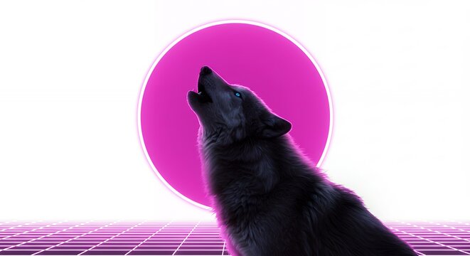Silhouette wolf howling retro futuristic background