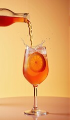 Refreshing orange spritz pour! A crisp, vibrant drink cascading into a wine glass with ice and citrus. Perfect summer vibes., ultra detailed, 8k resolution, HDR, professional