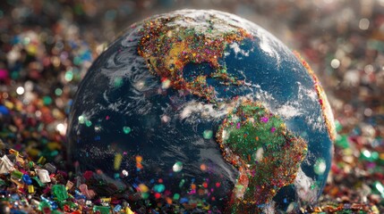 A detailed depiction of Earth covered in glittering particles, symbolizing the impact of pollution on the planet. The vibrant colors emphasize the urgent need for environmental awareness and action.