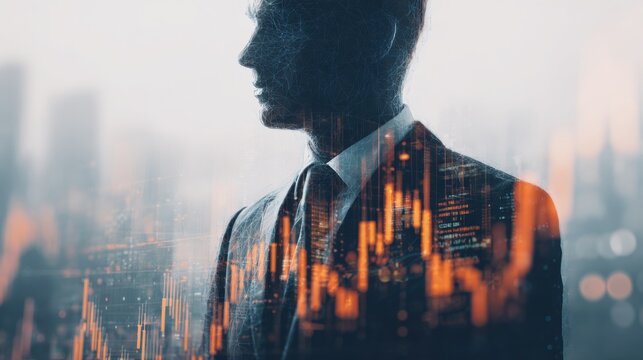 A business executive stands in profile against a backdrop of glowing financial charts and a city skyline, contemplating data trends during the twilight hours, symbolizing ambition and decision-making.