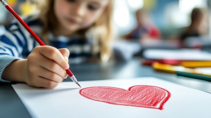 Child drawing a red heart on paper during Giving Tuesday classroom activity, representing kindness, empathy and future generosity