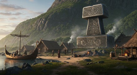 Viking village scene illustration