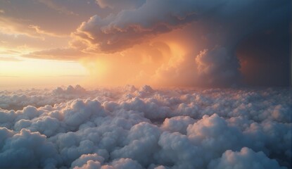 Dramatic mammatus clouds at sunset after a storm, featuring soft textures and golden lighting for a stunning visual effect., ultra detailed, 8k resolution, HDR, professional