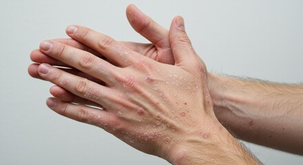 Fototapeta premium Male Hands with Psoriasis, Eczema, and Dry Flaky Skin , Autoimmune Dermatology Concept on White Background