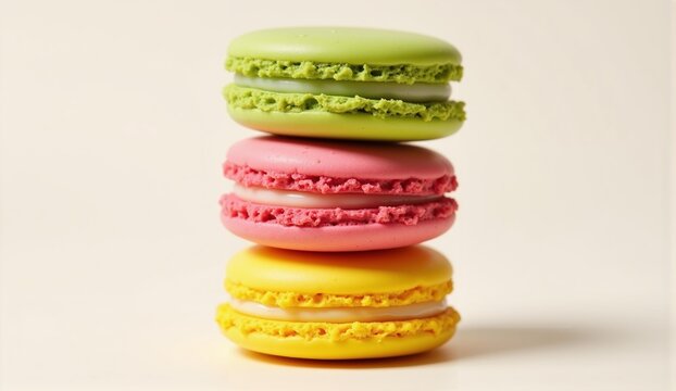 Deliciously detailed stack of three macarons &ndash; pistachio, raspberry, and lemon &ndash; showcasing perfect ruffled edges. A sweet treat!, ultra detailed, 8k resolution, HDR, professional