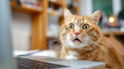 An orange tabby cat with wide eyes looks shocked while sitting in front of a laptop. The warm, homey atmosphere features wooden shelves and soft lighting.