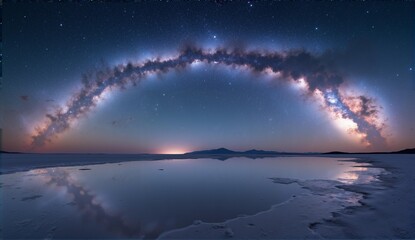 Majestic Milky Way reflected on the vast Salar de Uyuni salt flats, creating an ethereal and stunning panoramic view., ultra detailed, 8k resolution, HDR, professional