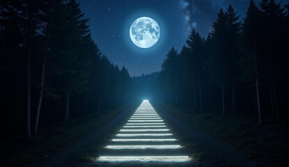 A luminous moonlit staircase rises from a shadowy forest to a starry sky, creating an ethereal, magical scene., ultra detailed, 8k resolution, HDR, professional