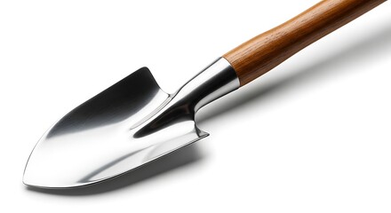 Fototapeta premium A close-up shot of a shiny metal trowel with a wooden handle on a white background.