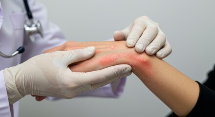 Doctor in Gloves Examining Patient’s Hand with Chronic Skin Diseases , Psoriasis, Eczema, Dermatitis Medical Inspection Concept