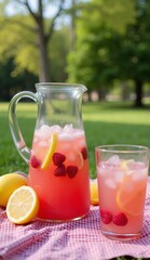 Refreshing pink lemonade scene! A rustic pitcher with lemons & raspberries sits on a checkered blanket in a sun-drenched park setting., ultra detailed, 8k resolution, HDR, professional