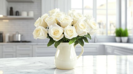 Elegant Display of Fresh White Roses in a Bright Kitchen Setting