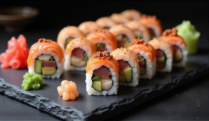Delicious sushi maki displayed artfully on a slate board with wasabi and ginger for an authentic Japanese dining experience., ultra detailed, 8k resolution, HDR, professional