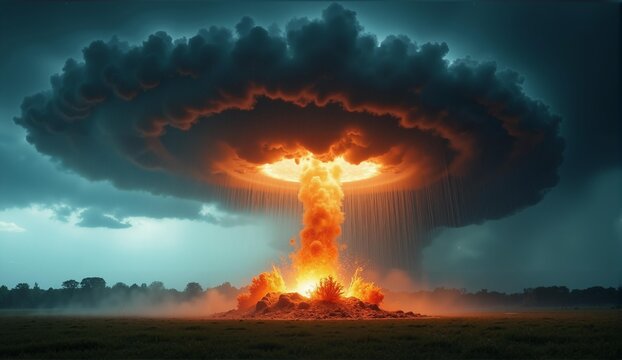 A dramatic depiction of a microburst &ndash; a &ldquo;rain bomb&rdquo; &ndash; unleashing a destructive force across the landscape. Intense visual impact., ultra detailed, 8k resolution, HDR, professional