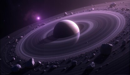 Stunning panoramic vista of a planetary ring system composed of metallic particles & crystalline asteroids, bathed in a purple nebula's glow., ultra detailed, 8k resolution, HDR, professional © Nick