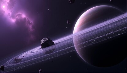 Stunning panoramic vista of a planetary ring system composed of metallic particles & crystalline asteroids, bathed in a purple nebula's glow., ultra detailed, 8k resolution, HDR, professional © Nick