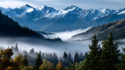 A tranquil autumn morning ith fog rising from the valey, revealing golden forets and snow-capped mountai peaks in the distance.