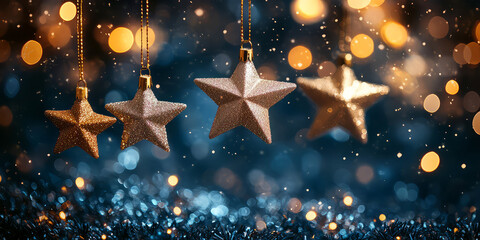 Sparkling golden star ornaments create a magical holiday atmosphere with twinkling lights and festive cheer, perfect for Christmas promotions