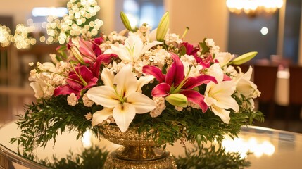 Elegant Floral Arrangement with Lilies in a Stylish Vase Centerpiece