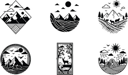 Mountain landscapes, deer, trees, sun, clouds, rain, nature scenes, geometric shapes, wildlife, forest, hills, outdoor adventure, scenic view, wilderness art