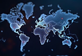 Futuristic digital world map with glowing red data points and dotted texture on dark background. Abstract global network concept in horizontal format, tech and innovation theme.