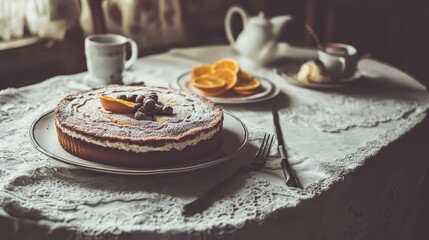 Delicious homemade cake served on a rustic table setting