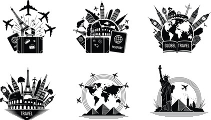 Fototapeta premium Travel illustration collage, famous landmarks sketch, world map art, suitcase design, global tourism icons, airplane drawing, passport elements, cultural heritage, vacation concept
