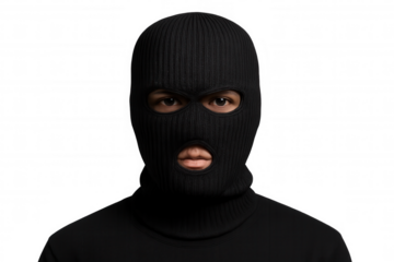Masked individual in black balaclava standing against transparent backdrop, representing criminal anonymity and hidden identity