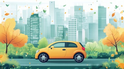 Yellow car drives on city road in autumn.