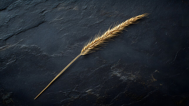 Single golden Einkorn ear n a dark matte background,highlighting its natural bauty and fine detailing ina simple and elegant compoition.