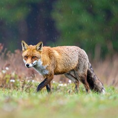 Fox walking in a field on a rainy day