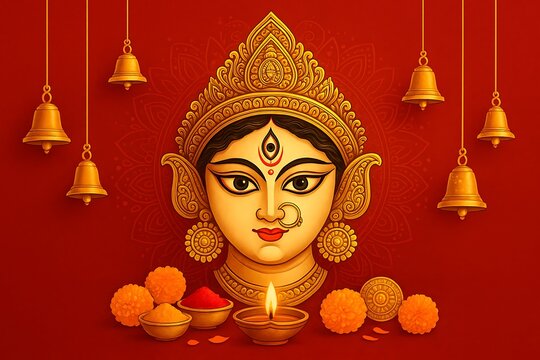 Festive durga puja greeting card design featuring the goddess's beautiful face, a lit diya, marigold flowers, temple bells, and other worship items.