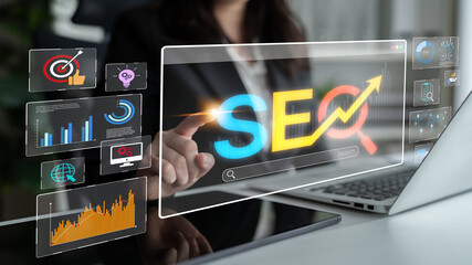SEO concept for improving SEO visibility, with SEO related digital tools and SEO performance icons...