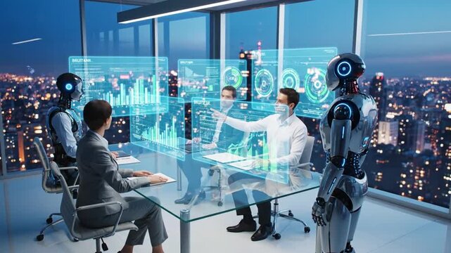 Futuristic business meeting with robots and holographic displays. - Powered by Adobe