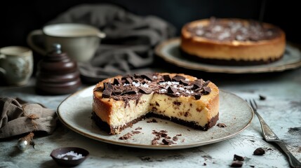 Delicious chocolate cheesecake with chocolate shavings on plate