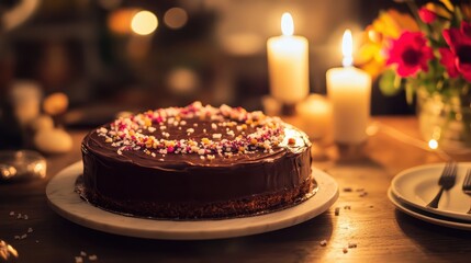 Naklejka premium Chocolate Cake with Colorful Sprinkles in Warm Indoor Setting