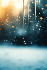 Melting icicles with winter bokeh at golden hour