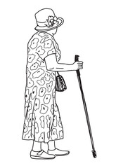 Elderly elegant woman in hat, floral dress with cane and handbag walking outdoors alone, side view, vector realistic contour hand drawing