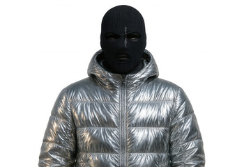 Mysterious individual wearing silver jacket and balaclava, standing against transparent backdrop with enigmatic presence