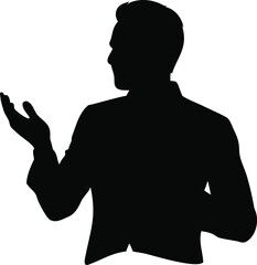 Serious man silhouette gesturing actively demonstrating ideas speaking confidently presenting information professionally silhouette