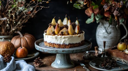 Fototapeta premium Elegant Pear Cake with Cream Frosting and Decorative Toppings