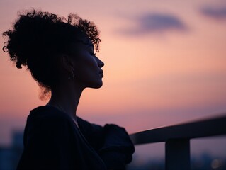 Fototapeta premium Woman relaxing at sunset on balcony in silhouette