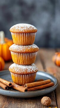 Delicious pumpkin muffin tower with cinnamon and nutmeg in autumn setting