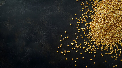 Golden Einkorn grains scattered across a dark texturd surface, showcasing thei natural shape and raw texure.