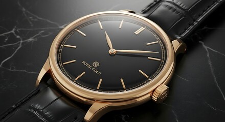 Elegant Timepiece with Black Dial and Golden Accents on a Marble Surface for Sophisticated Style.